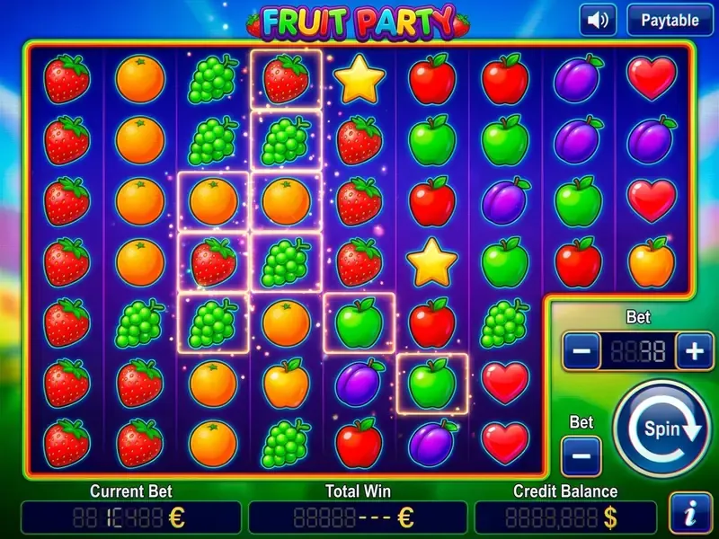 fruit party slot Spielfeld 7x7 mit Einsatzsteuerung