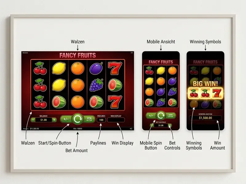 fancy fruits slot spieloberfläche mit walzen und menü