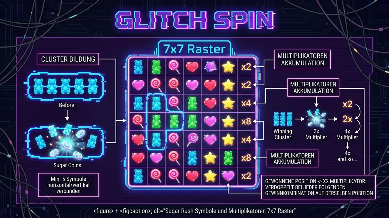 Sugar Rush Symbole und Multiplikatoren 7x7 Raster